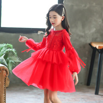 3-year-old spring and autumn girl red dress 5 winter little girl with velvet net skirt 6 middle school child bubble sleeve princess skirt 7