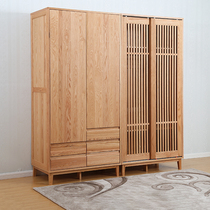 Sliding door wardrobe Nordic wardrobe solid wood oak bedroom childrens wardrobe simple Japanese whole open door wardrobe