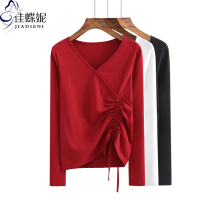 Spring and Autumn New V-collar slim cotton drawstring design long-sleeved body shirt shirt top with base inside Korean version of thin womens wear