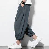 Spring and summer thin mens pants loose linen nine-point pants Fat large size wide leg straight cotton and hemp Harlan pants lantern