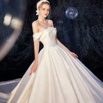 Satin light wedding dress 2020 new bride super fairy forest dress starry sky word shoulder temperament trailing dreamy simple