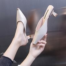 Half slippers womens 2021 new autumn fashion outside wear Joker thick heels with middle heel Baotou pointed sandals