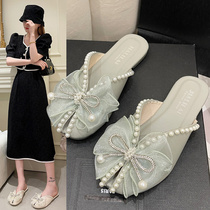 Butterfly knot pearl Baotou Half slipper female Summer outwear 2022 New fairy wind flat bottom fish mouth sandals