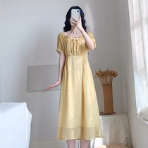 Summer ultra-sensational air one-piece dress Balloon Flower style retro little sub fresh and pale yellow waist long dress student ankles