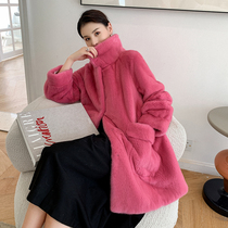 Imported Velvet Mink Leather Big Coat Woman in the Long Fairy Sins Square Collar Whole Mink Fur Leather Fur Coat Powder
