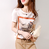 Short sleeve t-shirt woman 2022 new round collar display slim loose retro genuine silk print Jane about 100 Lapped Temperament Blouse