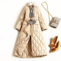 Anti-season fashion rhombus down clothes female winter coat with belt silk scarves over the length of a plaid