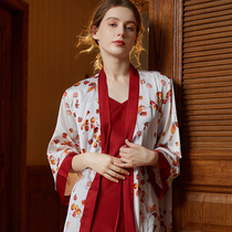 Bimini sexy suspenders nightgown two-piece girls long sleeve silk print autumn heating room pajamas