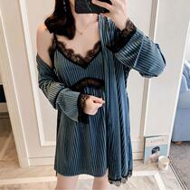 Sexy pajamas womens golden velvet autumn and winter long sleeve two-piece Korean home clothes can be worn with suspenders