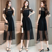 Lace hollow dress Women summer off-shoulder sexy Super fairy 2021 New temperament waist slim a long skirt