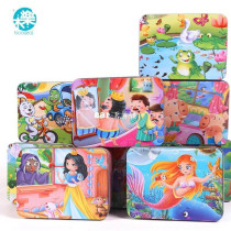 100Pcs cartoon puzzle iron box wooden jigsaw puzzles childre