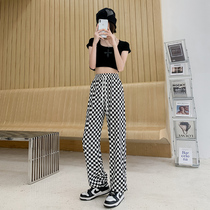 Ice Silk Broadlegged Pants Woman Summer Thin 2022 new high waist pituitary small casual chessboard plaid straight drum pants