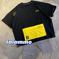 iiammo original summer design Xinjiang cotton western style hip-hop style loose childrens embroidery contrast color pocket t-shirt