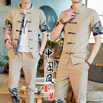Summer new Chinese style mens Chinese style buckle Cardigan set of clothes trend temperament ankle-length pants two-piece set