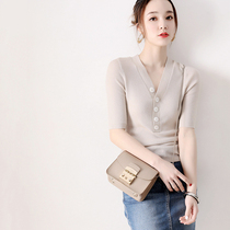 Japanese Womens Elegant Joker Contrast Buckle V-neck Half-Sleeve Mirano Wool Slim Skinny Skinny Sweater Blouse