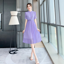  Purple striped dress 2021 new womens summer mid-length waist thin pleated temperament skirt summer womens clothing
