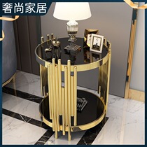 Living room small coffee table simple modern sofa next to round stainless steel side metal light luxury marble corner