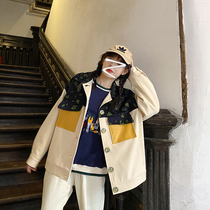Yuki big white woolen coat womens short Korean version loose student spring and autumn retro color matching mosaic BAO WEN jacket