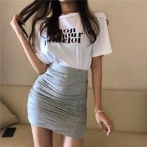  Suit Womens summer Chic anti-walking light belt safety pants wrinkled high waist bag hip short skirt Wild T-shirt short sleeve two-piece suit