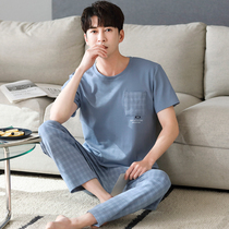 Sleepwear Mens Summer Pure Cotton Short Sleeve Long Pants Thin all cotton cover Head mens home conserved Spring and Autumn Enlarged Code Suit