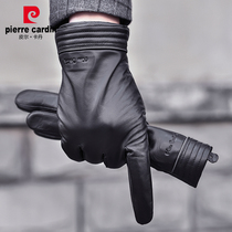 Pierre Cardin sheepskin gloves men winter plus velvet outdoor driving sports riding warm windproof touch screen leather gloves