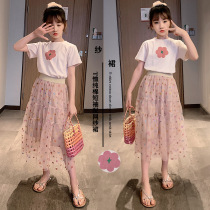 Next jazz girls set 2021 summer new Korean version of the big boy mesh skirt short sleeves T two-piece set