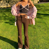 H home Europe and the United States Brown slim slim burrs straight tube micro Lamas women retro high waist Joker casual jeans tide