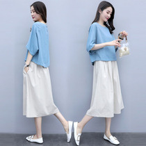 Cotton linen dress set womens 2021 summer dress new large size thin linen temperament two-piece pop skirt tide