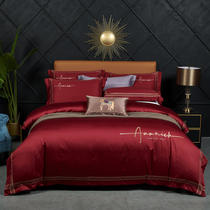 Four-piece set of cotton pure cotton light luxury 100 simple embroidery satin sheets Autumn and winter solid color quilt cover bedding