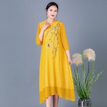 2020 new summer vintage embroidered Cheongsam mother dress long dress chiffon dress middle-aged and elderly foreign style skirt