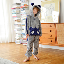 Childrens coral velvet pajamas autumn and winter boys flannel boys home clothing set thickened middle-aged childrens styling