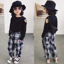 2019 Autumn Dress New Girl Dew Shoulder Beat Undershirt Han Edition Children Ocean Air 100 Hitch Elastic Long Sleeve T-shirt Tide