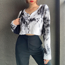 H home tie-dyed T-shirt female 2021 new products European and American style short knitted cardigan long sleeve loose ink sense v neck top