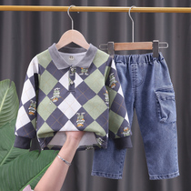 Boy spring suit 2022 new male baby spring clothing sweatshirt foreign air two sets 1-3-year-old child jeans