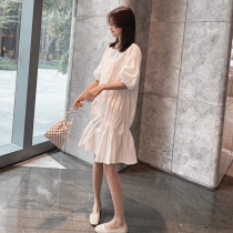 Maternity white dress 2021 summer new fashion loose medium long cotton top pregnant skirt tide