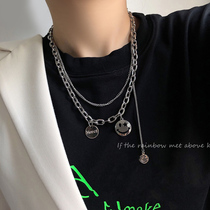 Smiley face titanium steel sweater necklace male trendy brand Joker accessories female ins hip hop niche design sense pendant sweater chain