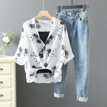 Bear print chiffon shirt female 2021 summer Korean version of loose versatile two-piece lapel collar shirt sunscreen shirt