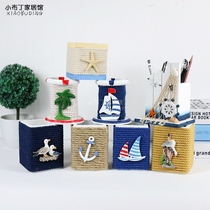 Mediterranean style creative pen holder storage box Home decoration Cotton rope Wooden office desktop decoration gift