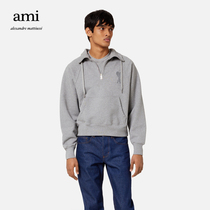 AMI unisex 22 new Fall Winter Love Cotton-embroidered casual chimney collar half-zip sweatshirt