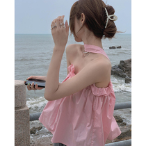 Pink hanging neck vest harness female summer outside wearing collarbone lined with back blouse with sweet and super-fairy-leaf side shirt