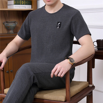 Middle-aged and elderly mens casual suit summer dad summer short-sleeved t-shirt Tencel cotton linen sportswear mens summer