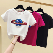 South Korean sequins short sleeves T-shirt female pure cotton summer clothes 2020 new Korean version easy to beat the bottom compassionate blouses