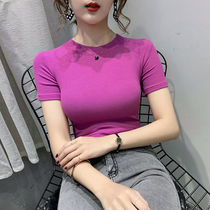 European station 2021 summer new half sleeve slim top Net red solid color 95 cotton short sleeve t-shirt women ins Super fire