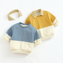 Baby plus velvet shirt 0-1-23 year old boy Korean version of foreign style shirt baby warm jacket child autumn and winter sweater