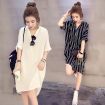 Large size womens loose belly cover short-sleeved v-neck t-shirt Mid-length fat mm top shirt skirt Chiffon dress women