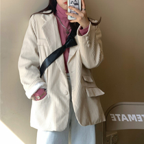 White suit women autumn and winter Korean retro minimalist medium long corduroy suit loose casual long sleeve short coat