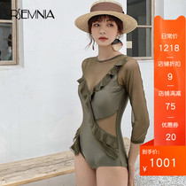 Rsemnia Swimsuit Women Ins Wind Grid Red Super Fairy Beach Lotus Leaf side V Collar Cover slim Temperament Swimsuit