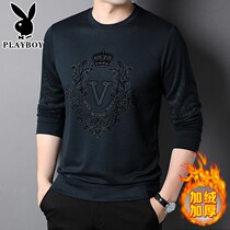 Flower Playboy round collar embroidered long sleeves T-shirt male casual loose middle-aged mens sweatshirt with undershirt plus suede thickened