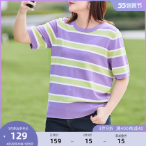 MsShe Big Code Womens Dress 2022 New Summer Dress Fat Mm Minus-age Slim Striped Double-Yarn Knit Cardiovert Blouse