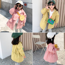 2020 autumn and winter new small and medium girls loose solid color medium long windbreaker port wind waist tooling jacket 5964